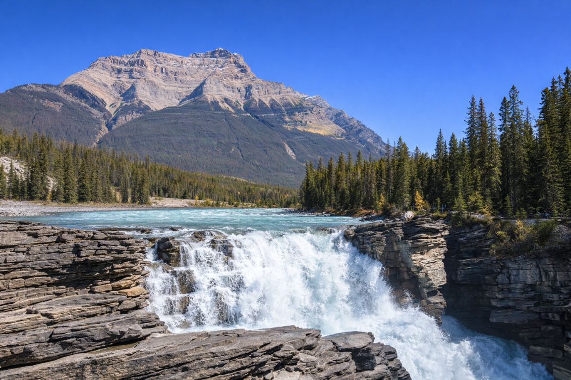 View of Athabasca Falls waterfall and turquoise river in Jasper National Park explored with Banff National Park Tours