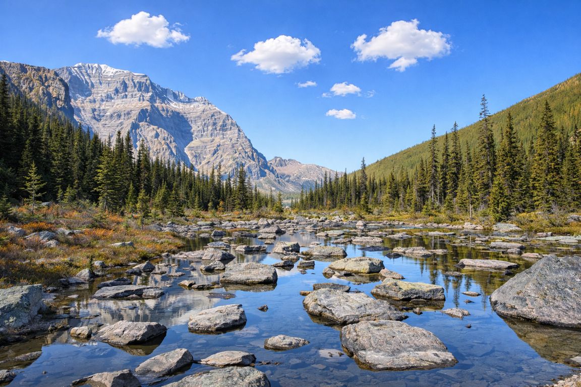 Panoramic view of forest valley and rocky river near Consolation Lakes during a Banff National Park Tours guided hike