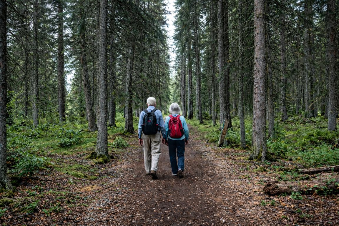 Senior couple hiking along Fenland Trail through pine forest in Banff National Park during a Banff National Park Tours guided walk