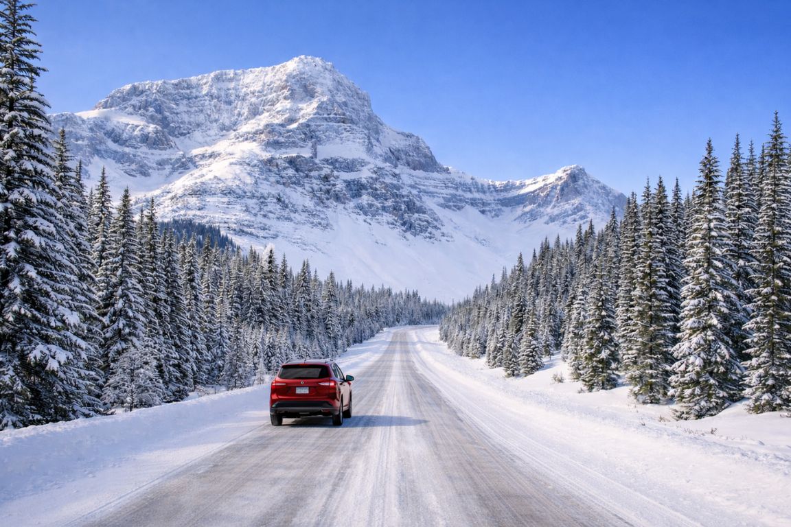 Car traveling through snow-covered Icefields Parkway between Banff and Jasper during a Banff National Park Tours trip