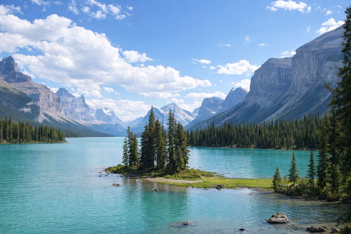 Famous Spirit Island viewpoint in Jasper National Park with alpine mountains during a Banff National Park Tours sightseeing experience