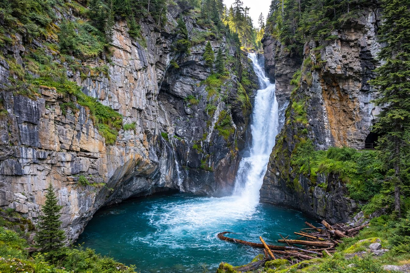 Scenic waterfall inside Johnston Canyon surrounded by rocky cliffs visited during a Banff National Park Tours excursion