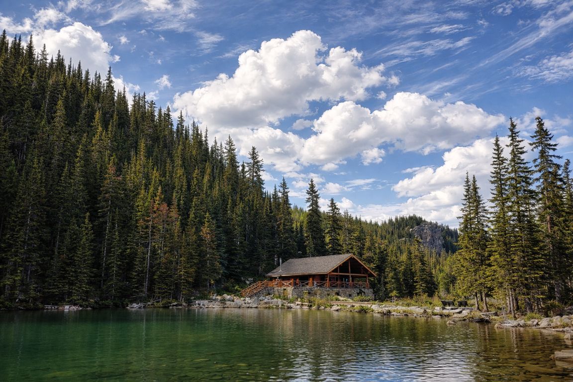 Peaceful Lake Agnes Tea House reflecting in alpine lake waters during a Banff National Park Tours tour