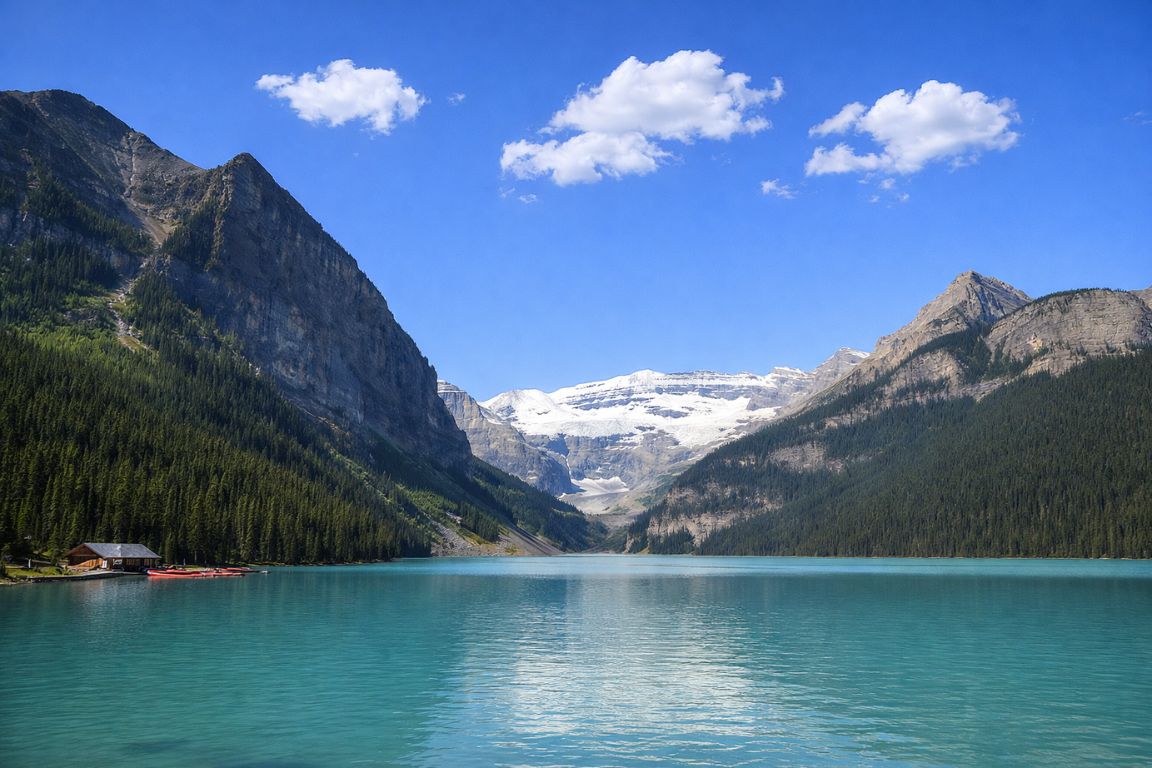 Beautiful Lake Louise surrounded by Rocky Mountains and evergreen forest visited during a Banff National Park Tours excursion