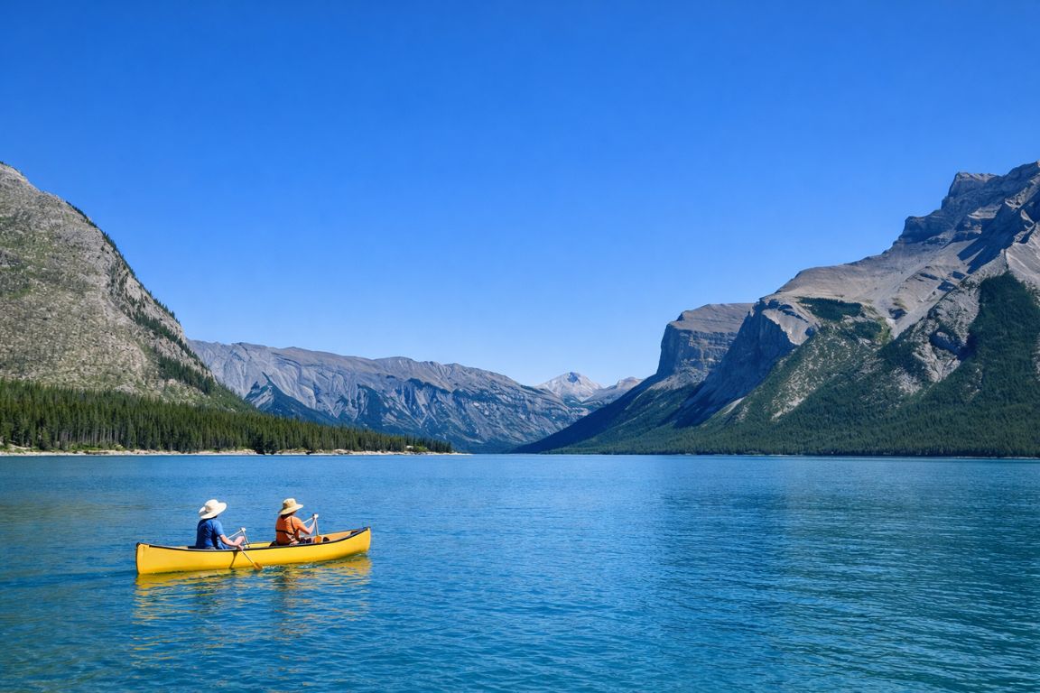 Beautiful Lake Minnewanka turquoise water and alpine peaks in Banff National Park during a Banff National Park Tours sightseeing tour