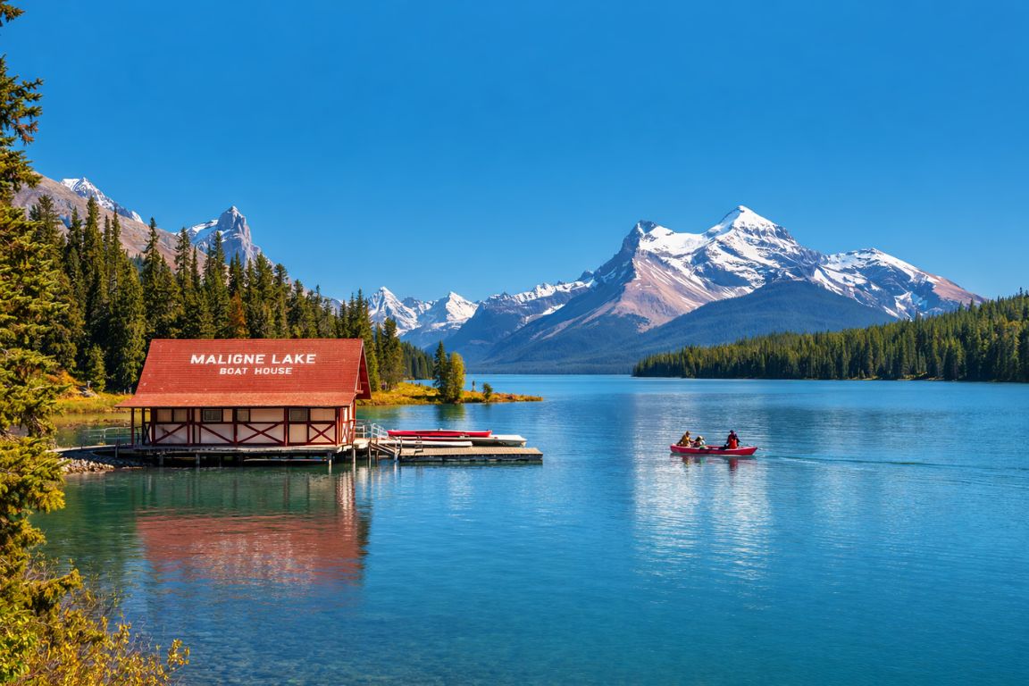 Beautiful Maligne Lake with canoe and mountain landscape visited with Banff National Park Tours
