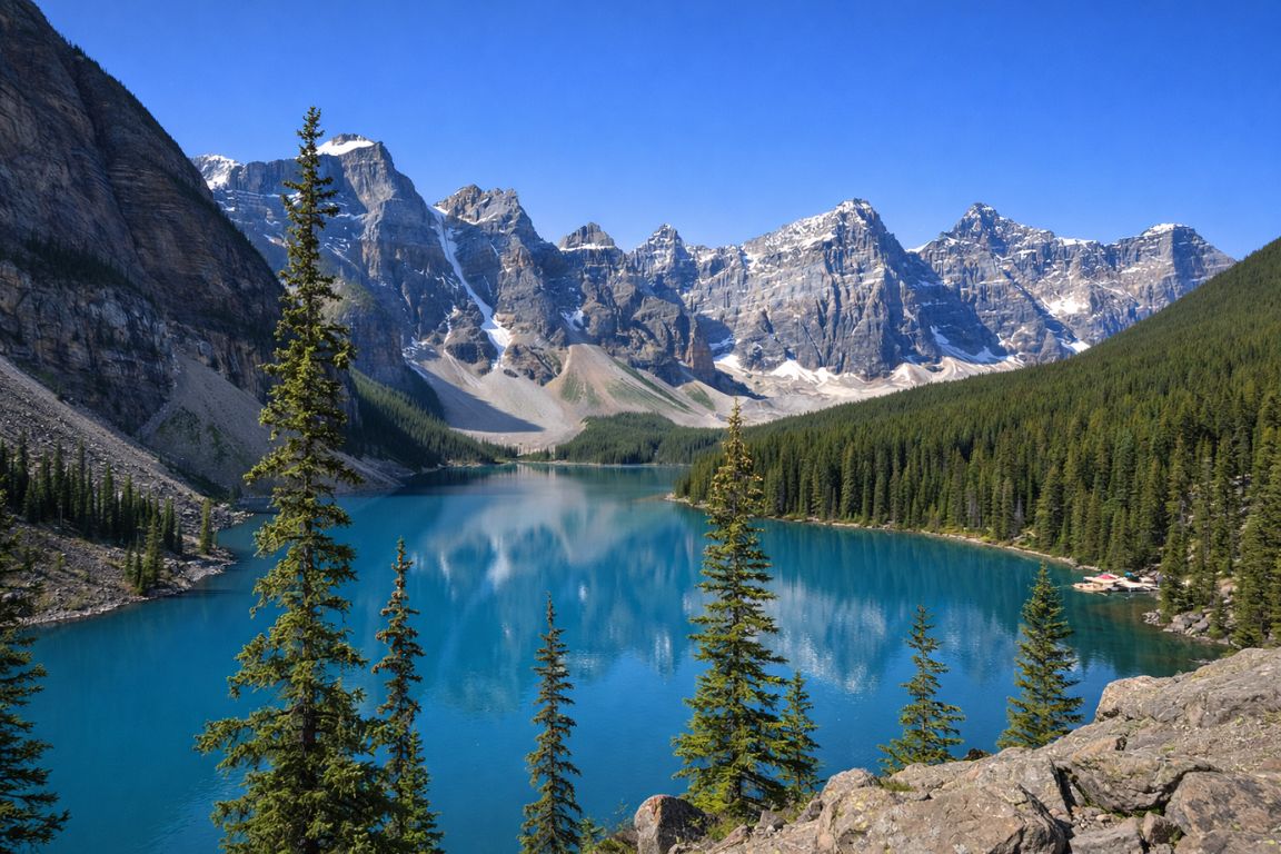 Panoramic view of Moraine Lake and the Valley of the Ten Peaks during a Banff National Park Tours sightseeing tour