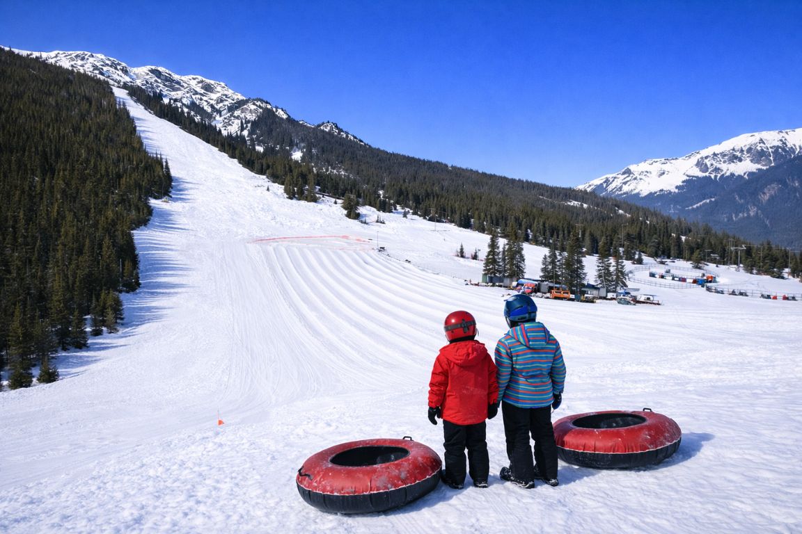 Kids preparing for snow tubing at Mt Norquay ski area in Banff National Park during a winter tour with Banff National Park Tours