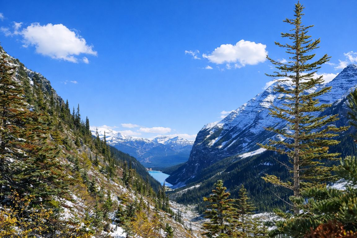Panoramic mountain view along the Plain of Six Glaciers trail overlooking Lake Louise during a Banff National Park Tours guided trip