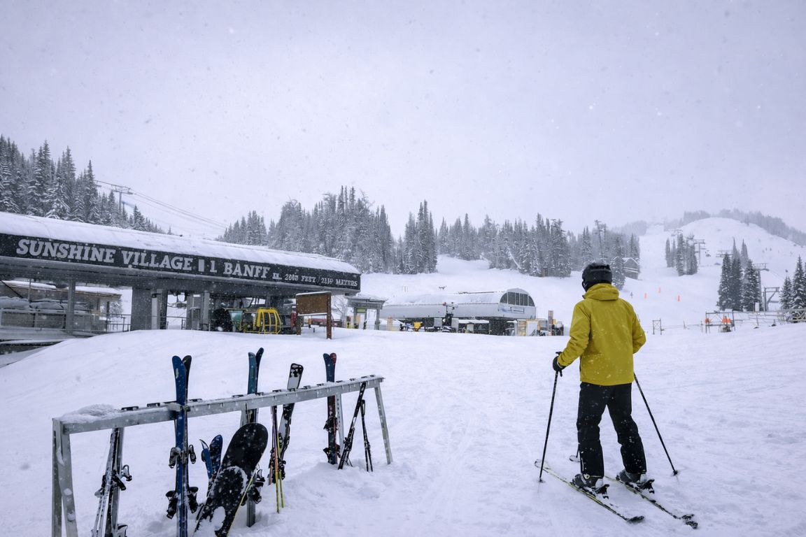 Skier approaching Sunshine Village base area surrounded by snowy mountains during a Banff National Park Tours tour