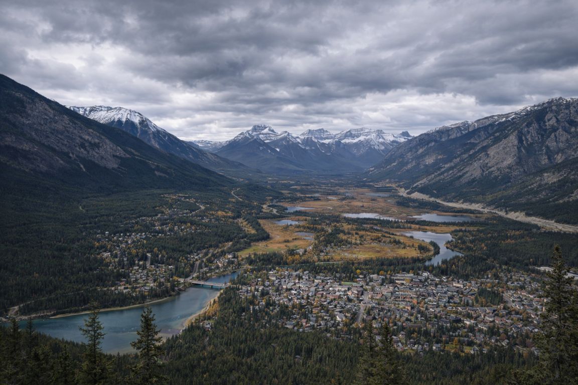 Tunnel Mountain viewpoint overlooking Banff town and Bow River valley visited with Banff National Park Tours