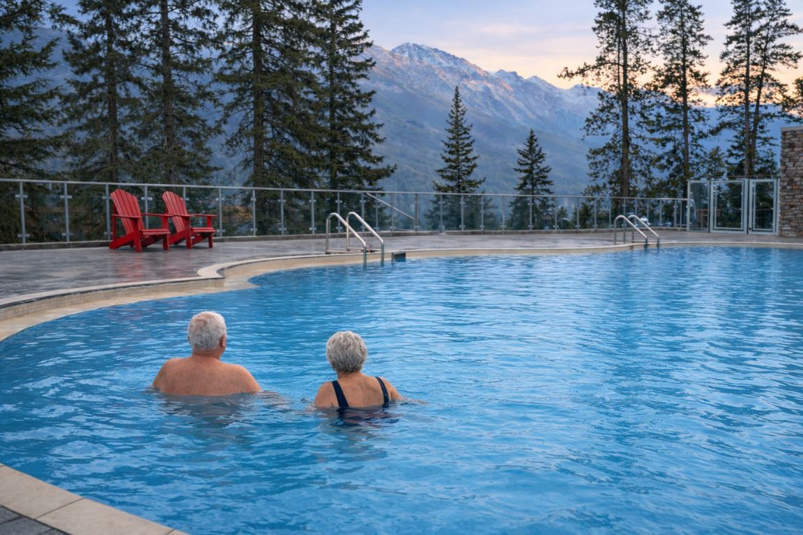 Visitors relaxing in Banff Upper Hot Springs pool with Rocky Mountain views during a Banff National Park Tours experience