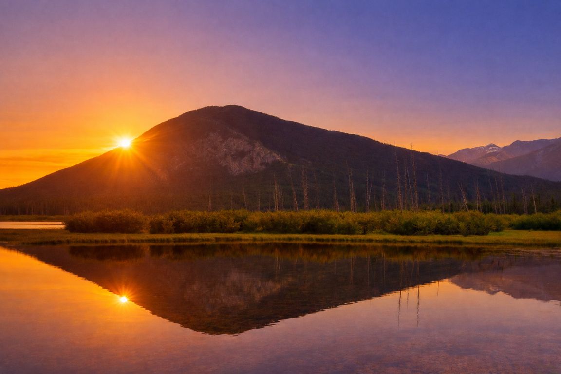 Beautiful sunrise landscape at Vermilion Lakes with mountain reflections during a Banff National Park Tours adventure